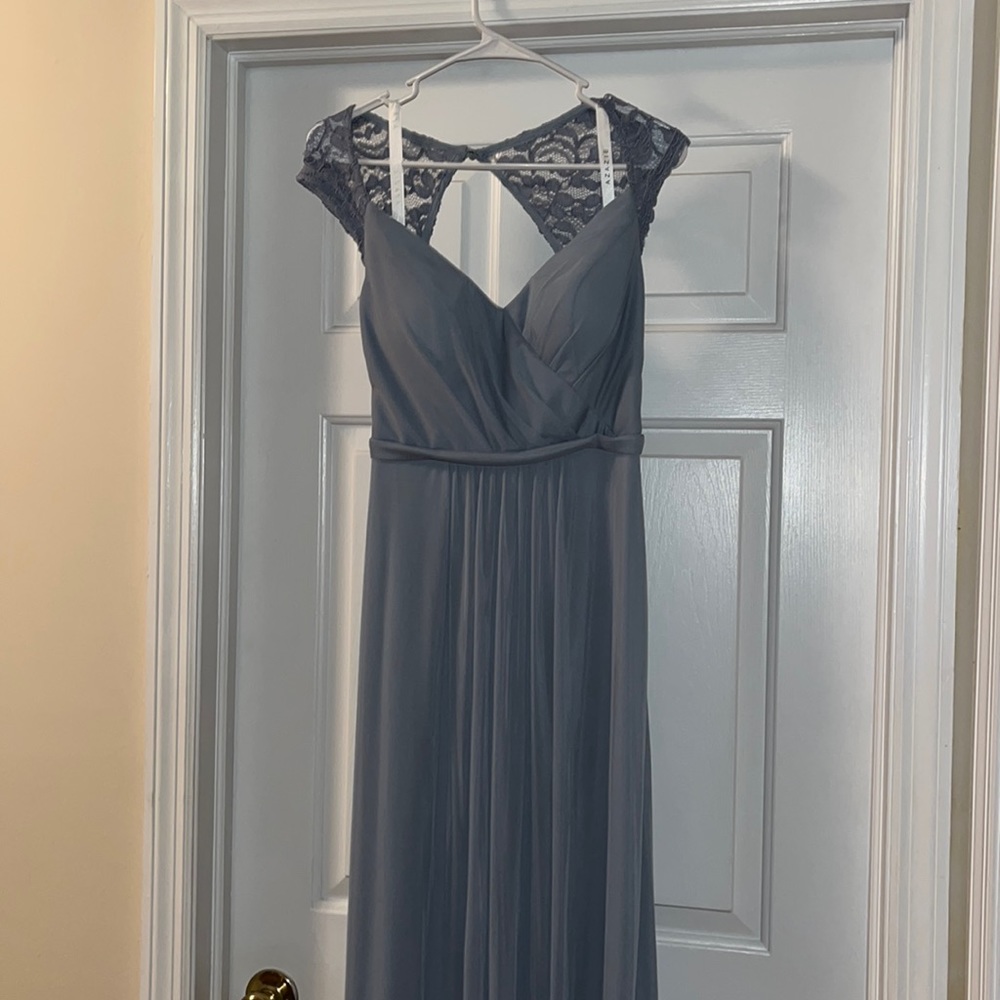 Azazie Gertie Dusty Blue full length dress. New with tags.